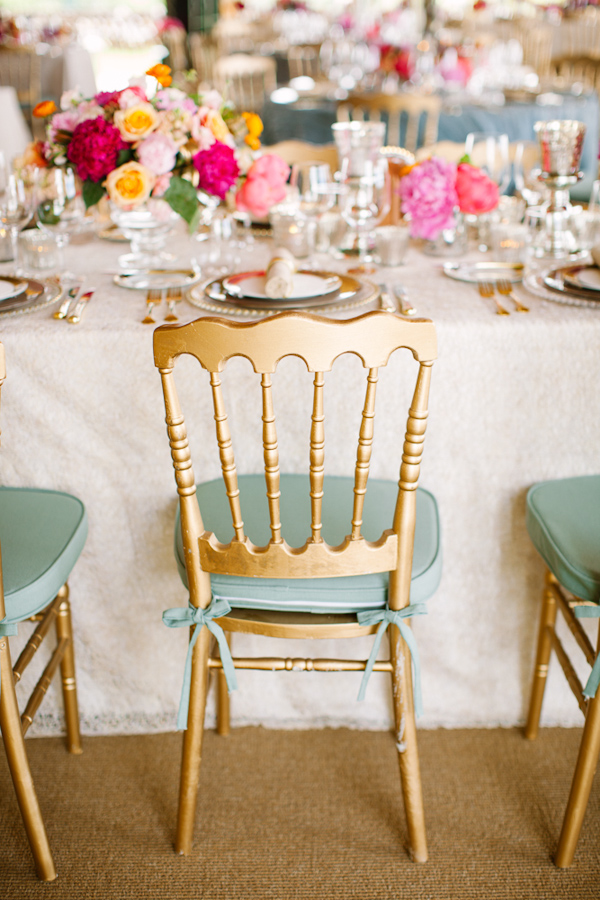 Beautiful vintage inspired gold chair with light teal seat for wedding reception - Photo by Dan Stewart Photography